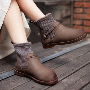 Winter Knitting Leather Ankle Boots Wool Fleece Slip on Bootie