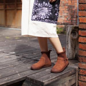 Winter Knitting Leather Ankle Boots Wool Fleece Slip on Bootie