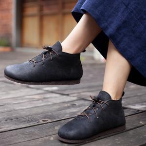 Cowhide Leather Lace Up Flat Boot Wool Fleece Mom Shoes