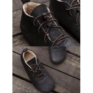 Cowhide Leather Lace Up Flat Boot Wool Fleece Mom Shoes