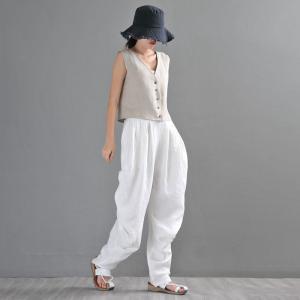 Loose White Carrot Pants Comfy Linen Yoga Tapered Pants