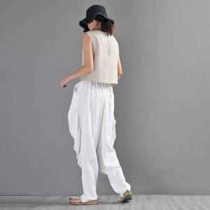 Loose White Carrot Pants Comfy Linen Yoga Tapered Pants