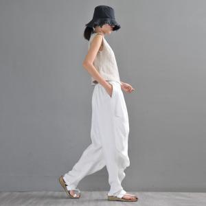 Loose White Carrot Pants Comfy Linen Yoga Tapered Pants