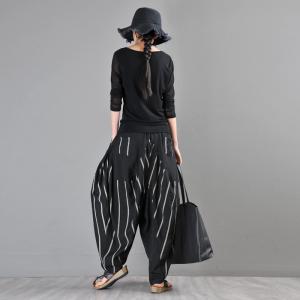 Baggy-Fit Casual Flow Pants Womens Striped Low Crotch Pants