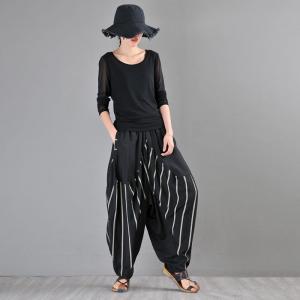 Baggy-Fit Casual Flow Pants Womens Striped Low Crotch Pants