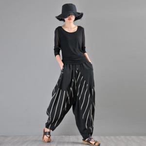 Baggy-Fit Casual Flow Pants Womens Striped Low Crotch Pants