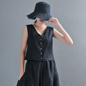 V-Neck Linen Waistcoat Button Down Plain Vest