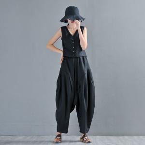 V-Neck Linen Waistcoat Button Down Plain Vest