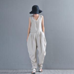 V-Neck Linen Waistcoat Button Down Plain Vest