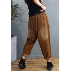 Lines Embroidered Corduroy Pants Baggy-Fit Plain Tapered Pants