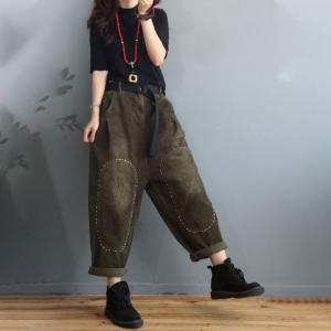 Lines Embroidered Corduroy Pants Baggy-Fit Plain Tapered Pants