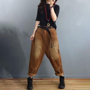 Lines Embroidered Corduroy Pants Baggy-Fit Plain Tapered Pants