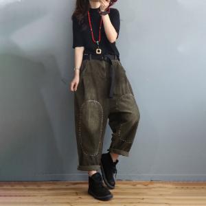 Lines Embroidered Corduroy Pants Baggy-Fit Plain Tapered Pants