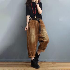 Lines Embroidered Corduroy Pants Baggy-Fit Plain Tapered Pants