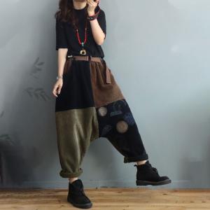 Contrast Colored Corduroy Harem Pants Polka Dot Fleeced Trousers