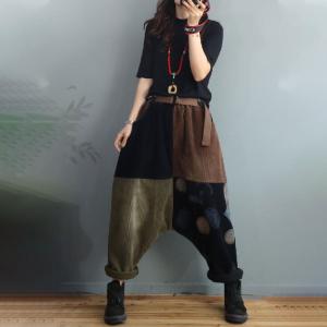 Contrast Colored Corduroy Harem Pants Polka Dot Fleeced Trousers