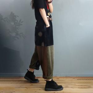 Contrast Colored Corduroy Harem Pants Polka Dot Fleeced Trousers