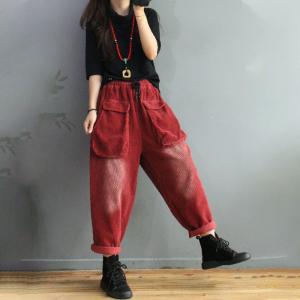 Front Flap Pockets Corduroy Pants Vintage Womens Pull-On Pants