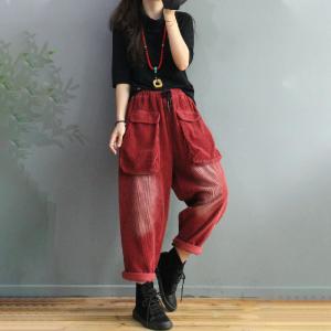 Front Flap Pockets Corduroy Pants Vintage Womens Pull-On Pants