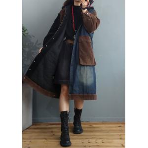 Blue Contrast Corduroy Quilted Coat Large Denim Hooded Overcoat