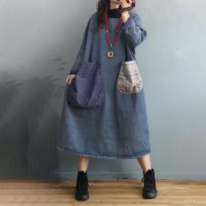 Checkered Pockets Denim Midi Dress Cotton Padded Plus Size Dress