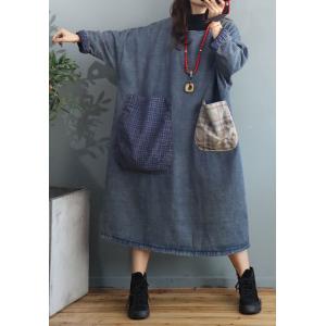 Checkered Pockets Denim Midi Dress Cotton Padded Plus Size Dress