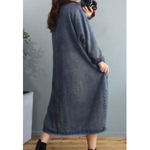 Checkered Pockets Denim Midi Dress Cotton Padded Plus Size Dress