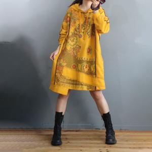 Asymmetrical Printed Hooded Dress Cotton Large Folk Dress