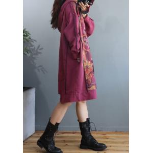 Asymmetrical Printed Hooded Dress Cotton Large Folk Dress