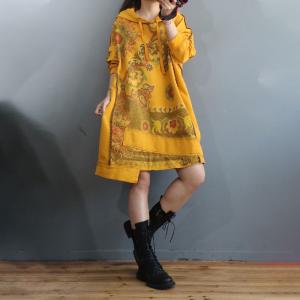 Asymmetrical Printed Hooded Dress Cotton Large Folk Dress