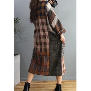 British Style Quilted Tartan Dress Cotton Linen Winter Shift Dress