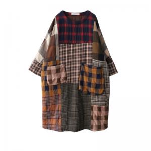 British Style Quilted Tartan Dress Cotton Linen Winter Shift Dress