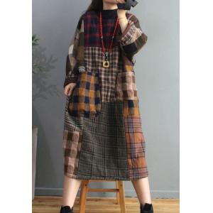 British Style Quilted Tartan Dress Cotton Linen Winter Shift Dress