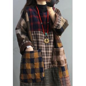 British Style Quilted Tartan Dress Cotton Linen Winter Shift Dress