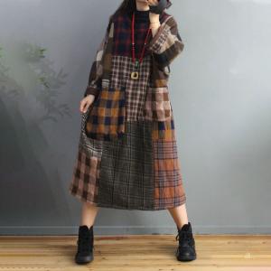 British Style Quilted Tartan Dress Cotton Linen Winter Shift Dress