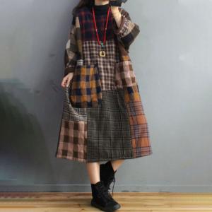 British Style Quilted Tartan Dress Cotton Linen Winter Shift Dress