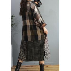 V-Neck Quilted Empire Waist Dress Cotton Linen Midi Checkered Dress