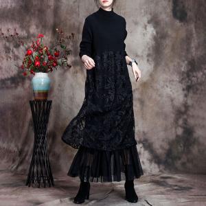 Leaf Embroidered Lace Dress Elegant Wool Sweater Dress