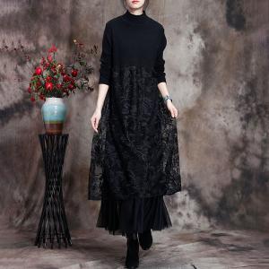 Leaf Embroidered Lace Dress Elegant Wool Sweater Dress