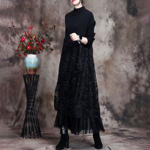 Leaf Embroidered Lace Dress Elegant Wool Sweater Dress