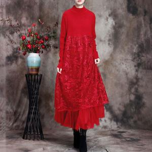 Leaf Embroidered Lace Dress Elegant Wool Sweater Dress