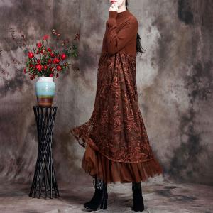 Leaf Embroidered Lace Dress Elegant Wool Sweater Dress