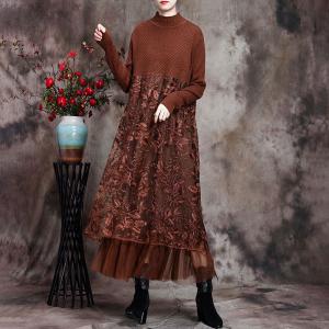 Leaf Embroidered Lace Dress Elegant Wool Sweater Dress