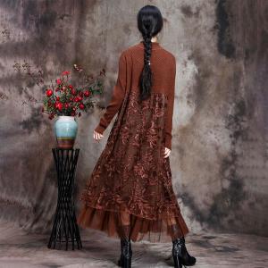 Leaf Embroidered Lace Dress Elegant Wool Sweater Dress