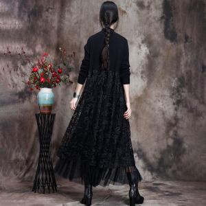 Leaf Embroidered Lace Dress Elegant Wool Sweater Dress