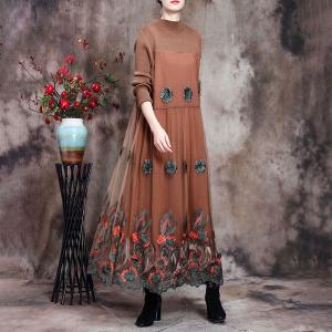 Church Fashion Floral Embroidered Dress Cotton Elegant Modest Clothing