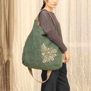 Manually Embroidered Hobo Bag Cotton Linen Green Shoulder Bag