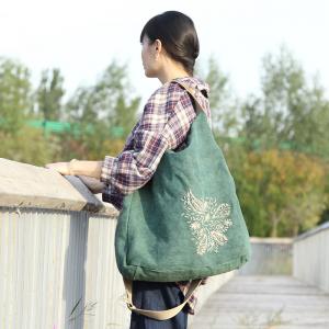 Manually Embroidered Hobo Bag Cotton Linen Green Shoulder Bag