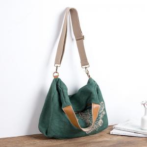 Manually Embroidered Hobo Bag Cotton Linen Green Shoulder Bag