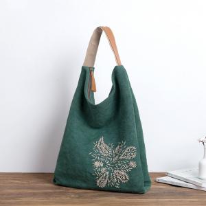 Manually Embroidered Hobo Bag Cotton Linen Green Shoulder Bag